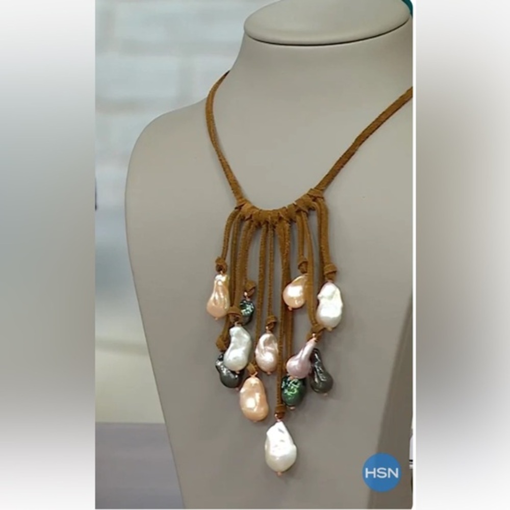 Rarities Carol Brodie Baroque Pearl Suede Waterfall Bolo Necklace Multi Color